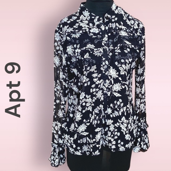 𝅺apt 9 Sheer Button-Down Dark Floral Blouse black white PM Petite Medium - Picture 1 of 10